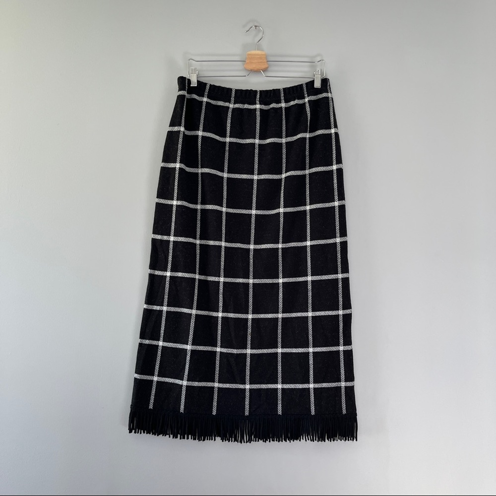 Lennie for Nina Leonard Windowpane Plaid Midi Skirt Black White Fringe Large
